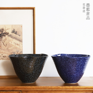 生花立花插花器皿日式 日本进口万古烧卷边陶瓷池坊花器 客厅摆件