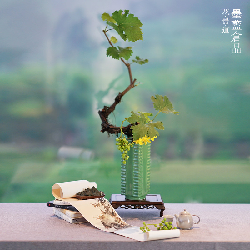 蓝墨日式原投器流道玉插花花瓶瓶禅意花器中式小花瓶入皿宗插花i.
