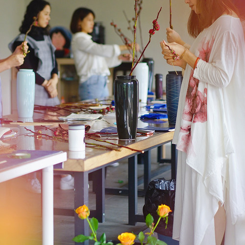 小原流花道课墨蓝花器道花道入门