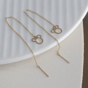 特 白小C10K黄金首饰金耳钉耳饰 镂空可爱小熊头素金耳链长