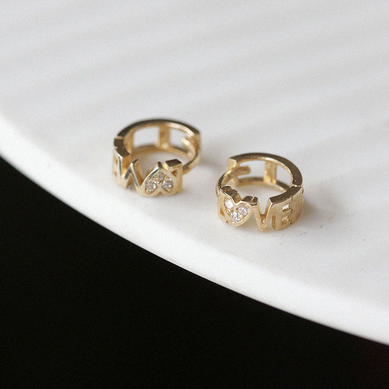 白小C韩国黄金10K14k金耳钉首饰 精致小巧镶钻字母爱心耳骨耳环女