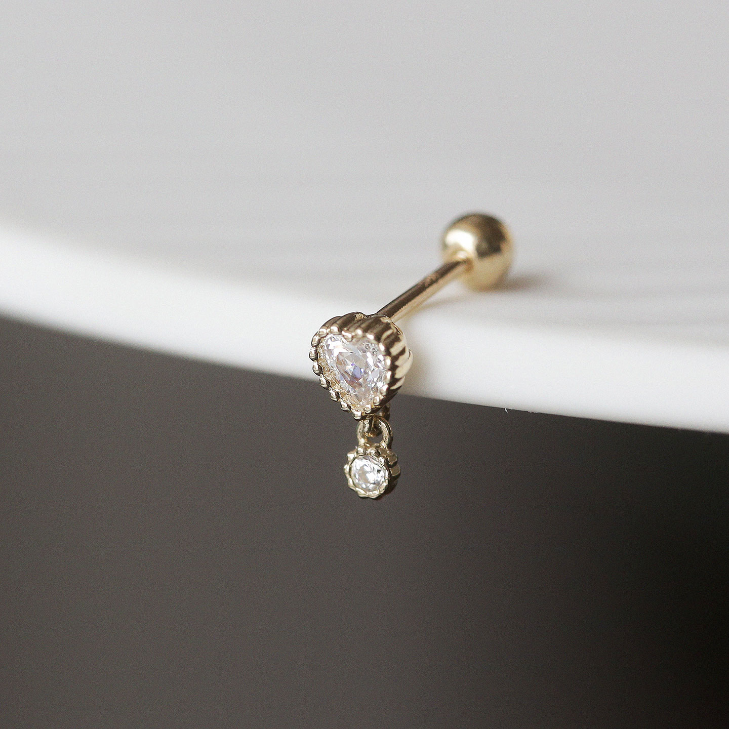 韩国14K金黄金圆钻爱心耳骨耳钉