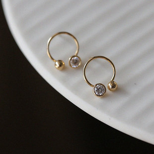 白小C韩国10K14K金黄金首饰耳环 简约U型字母圆弧形金球圆钻耳钉
