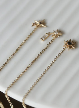 韩国10K14K金黄金首饰 双芒星镶钻长方形坠雪花包钻耳线耳饰耳钉