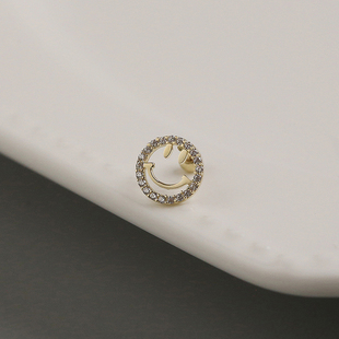 白小C黄金首饰14K/10K金耳环耳饰个性镶钻圆形圆牌笑脸拧螺丝耳钉