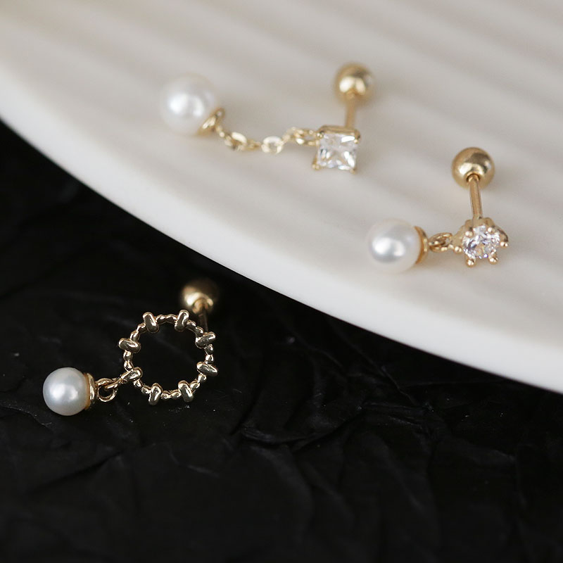14k金耳钉珍珠吊坠拧螺丝耳骨钉