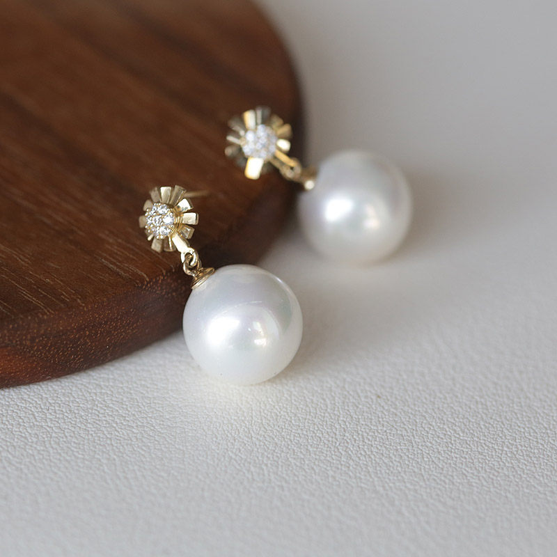 白小C黄金10k/14k金首饰耳环 高级感镶钻花朵珍珠吊坠耳钉女