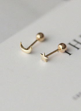 白小C黄金10k14K金耳环 迷你小巧星星月亮拧螺丝耳骨耳钉 超百搭