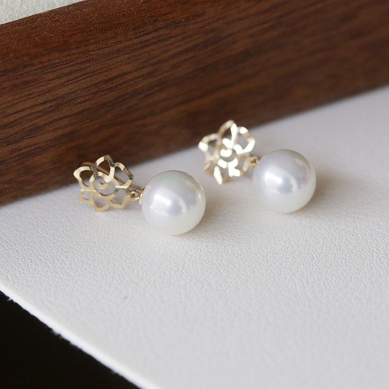 14K金黄金首饰玫瑰花珍珠耳坠