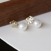 白小C韩国14K10K金黄金耳坠 精致镂空花朵玫瑰花珍珠吊坠耳环女