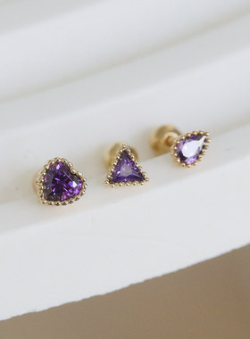 白小C韩国纯10K14K金花边爱心三角水滴镶紫钻耳骨拧螺丝耳钉