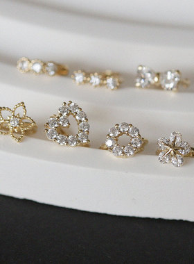 韩国纯10K14K金耳环 闪耀锆石蝴蝶结桃心星星黄金耳骨耳扣耳圈