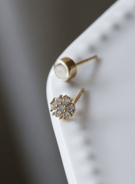 白小C韩国10K14K金黄金首饰 光面圆饼满钻圆不对称耳饰耳钉