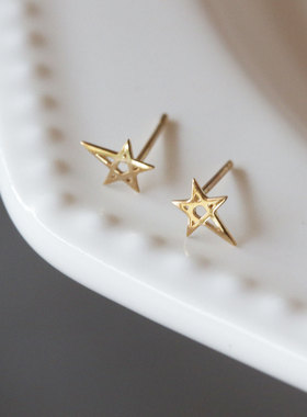 韩国10K14K金黄金首饰 光面不规则五角星耳饰耳钉