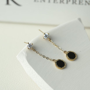 白小C韩国10K14K金黄金首饰 镶钻链条黑面圆形流苏耳钉耳链