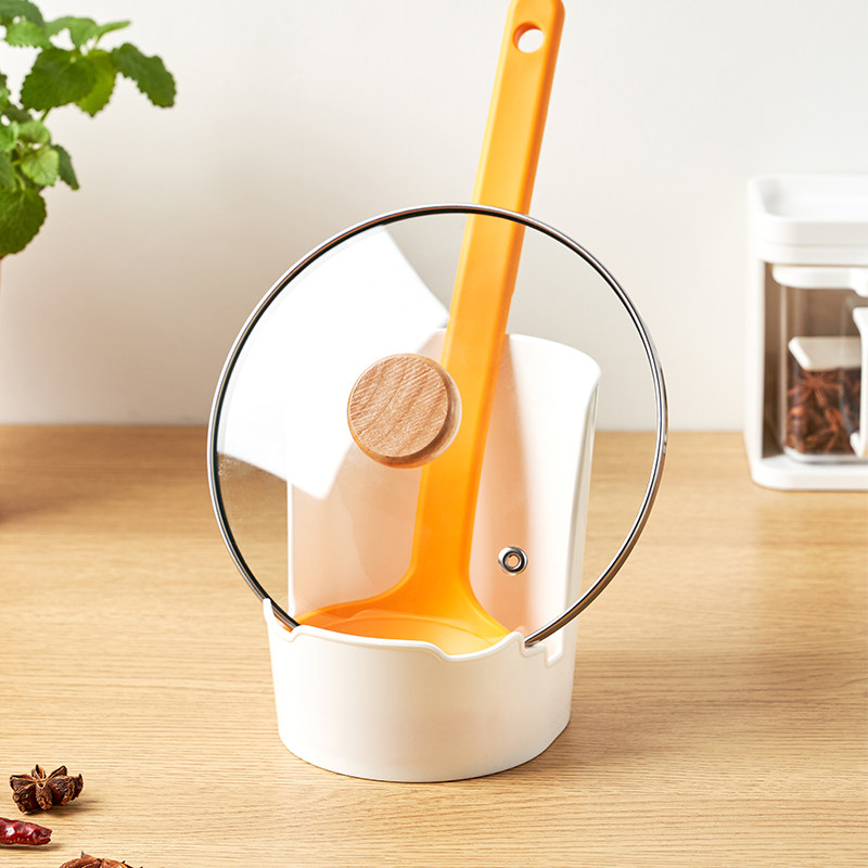 日式锅盖架塑料多用铲勺临时座厨房砧板收纳架带沥水筒 米木 6197