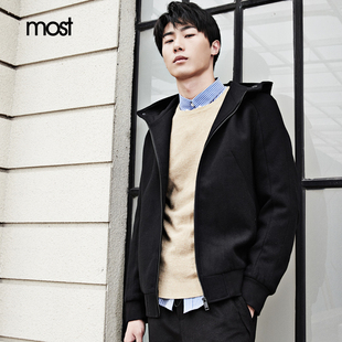 most漠士男装羊毛呢子夹克外套男新款带帽黑色上衣S84104106