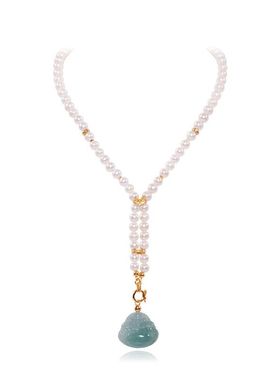 现货天然淡水珍珠项链女S925银镀18K金弥勒佛吊坠锁骨链7mm工厂