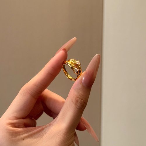 5D足金999镶钻点钻双环三角戒指