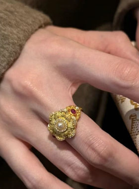 足金999宫廷花丝珍珠黄金戒指