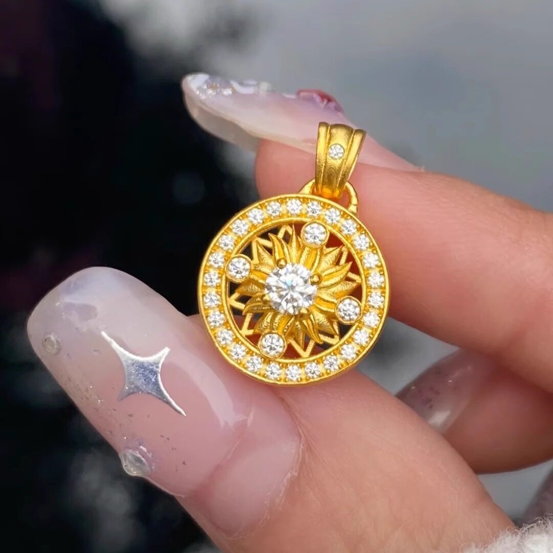 古法足金999点钻太阳花罗盘黄金吊坠新款2026水贝黄金