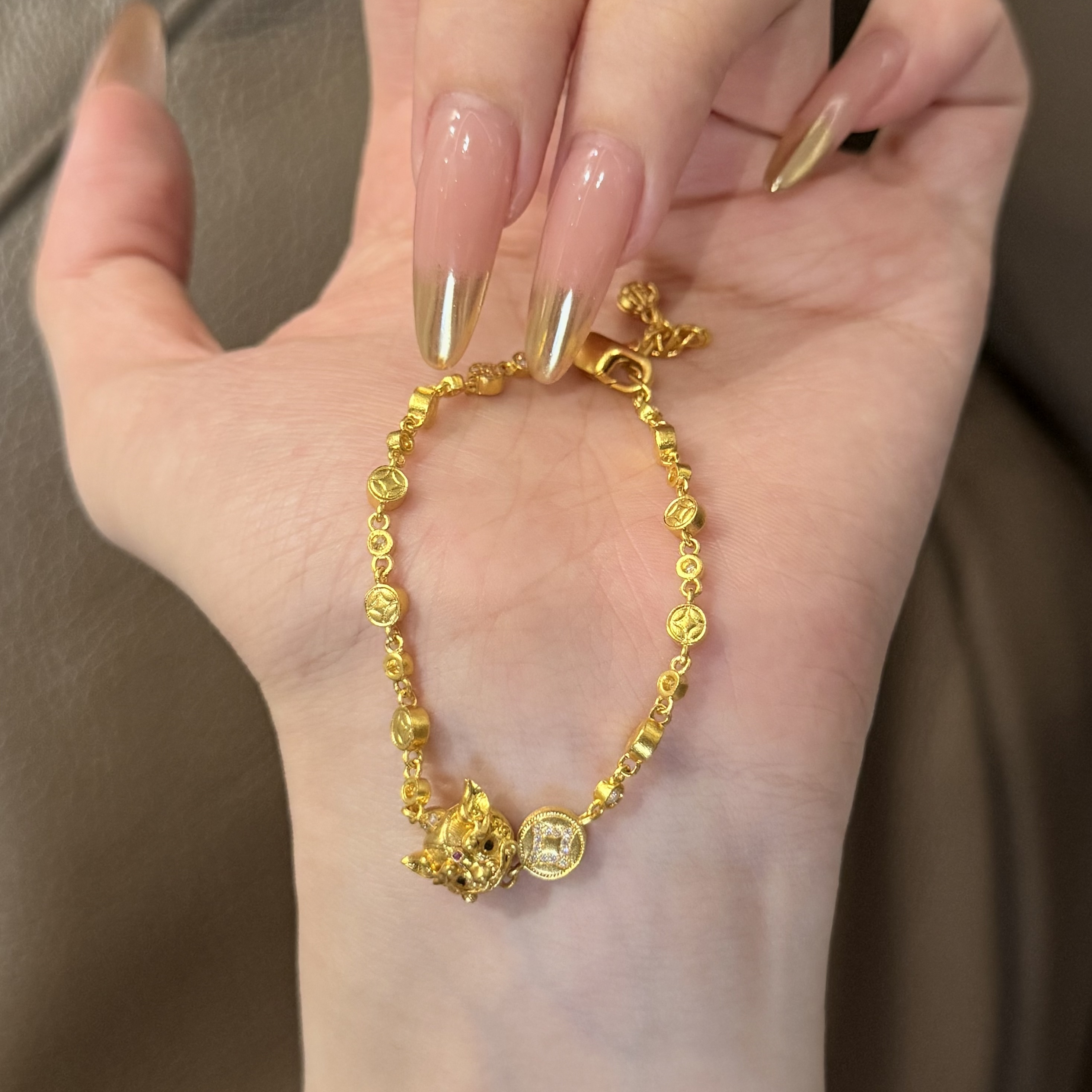 古法5D手串足金999水贝黄金小醒狮手链新款2025送礼送女友