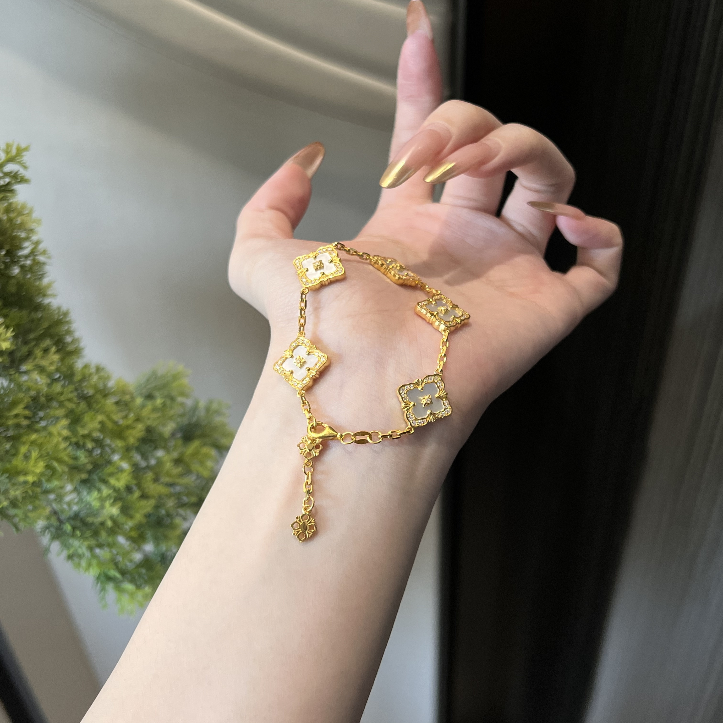 足金999黄金布契满钻手链（白）