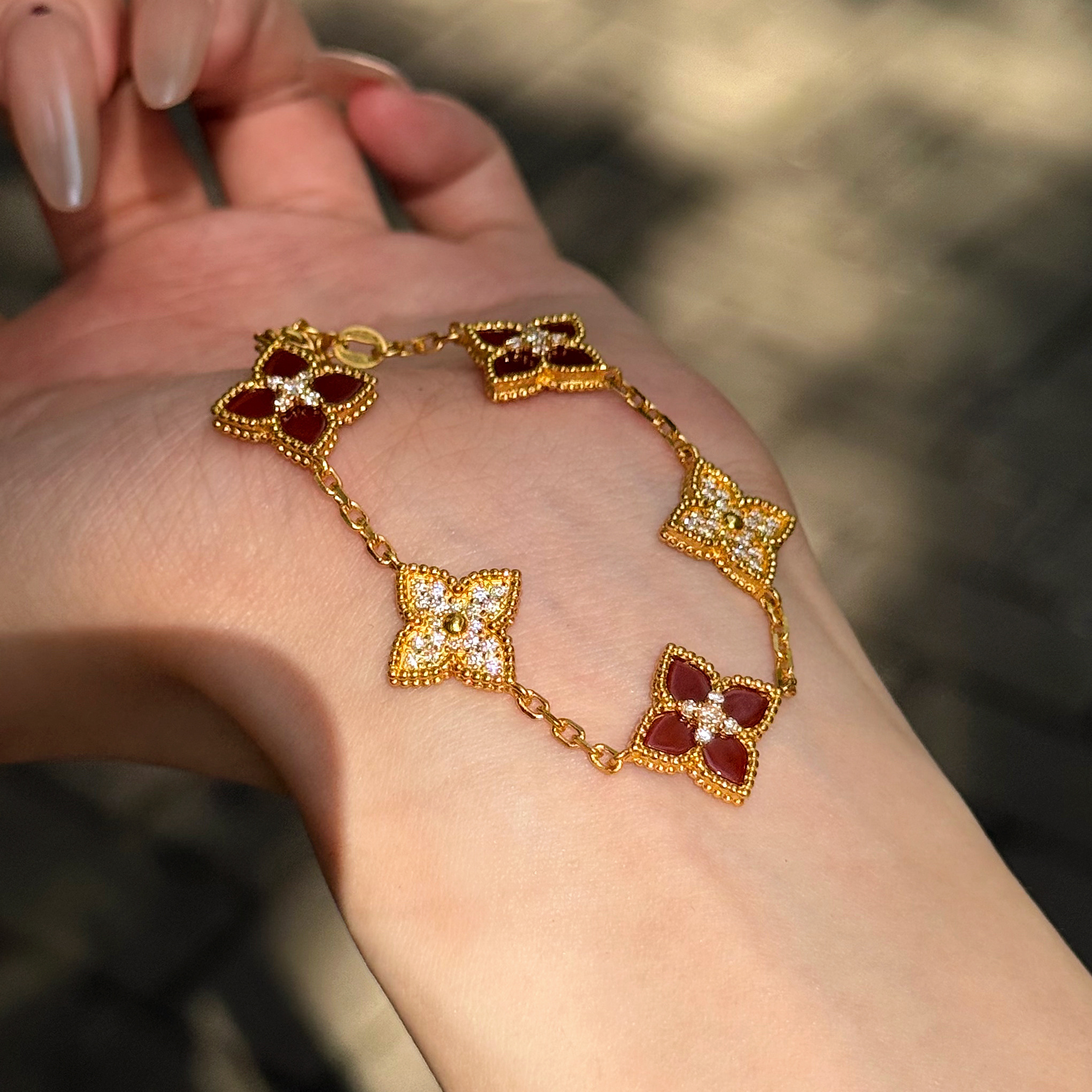 古法5D手串手链足金999水贝黄金中古风间钻五花红手链2025送女友