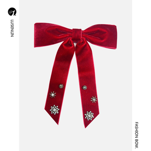 新款韩国秋冬酒红色丝绒带蝴蝶结胸针水钻百搭衬衫领结女领口配饰