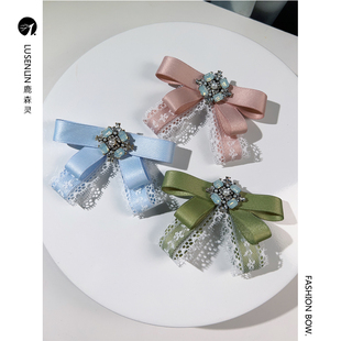 韩式蓝粉绿色蝴蝶结lolita蕾丝衬衣领结女配饰带钻装饰扣胸针配饰