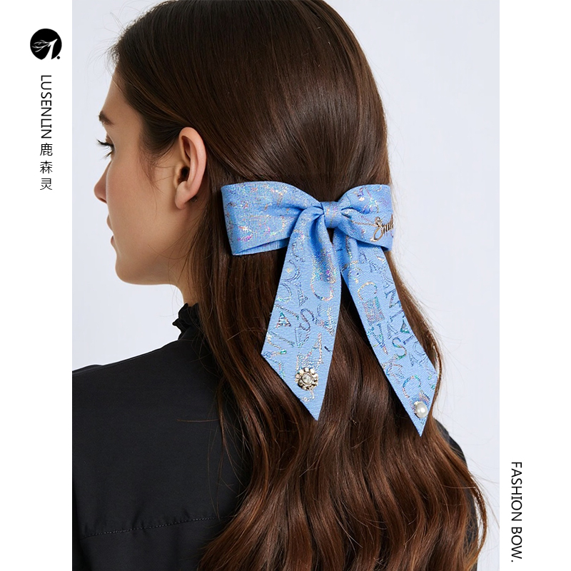 高级感轻奢风牛仔蓝色蝴蝶结发夹
