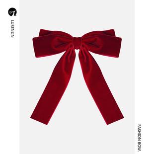 秋冬韩版 简约英伦酒红色丝绒大蝴蝶结胸针复古婚礼领结女领口配饰