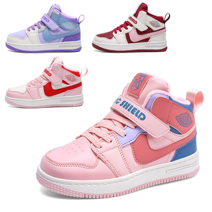 冬天儿童高帮运动鞋女童鞋子新款皮面二棉鞋中大童小女孩加绒板鞋