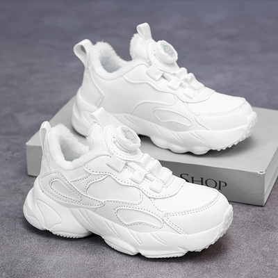 冬天皮面儿童加厚运动鞋男童鞋子全白色女孩加绒小白鞋中大童棉鞋