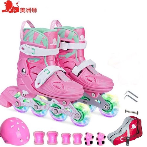 美洲狮溜冰鞋儿童全套装闪光男女初学者专业直排轮滑旱冰鞋3-12岁