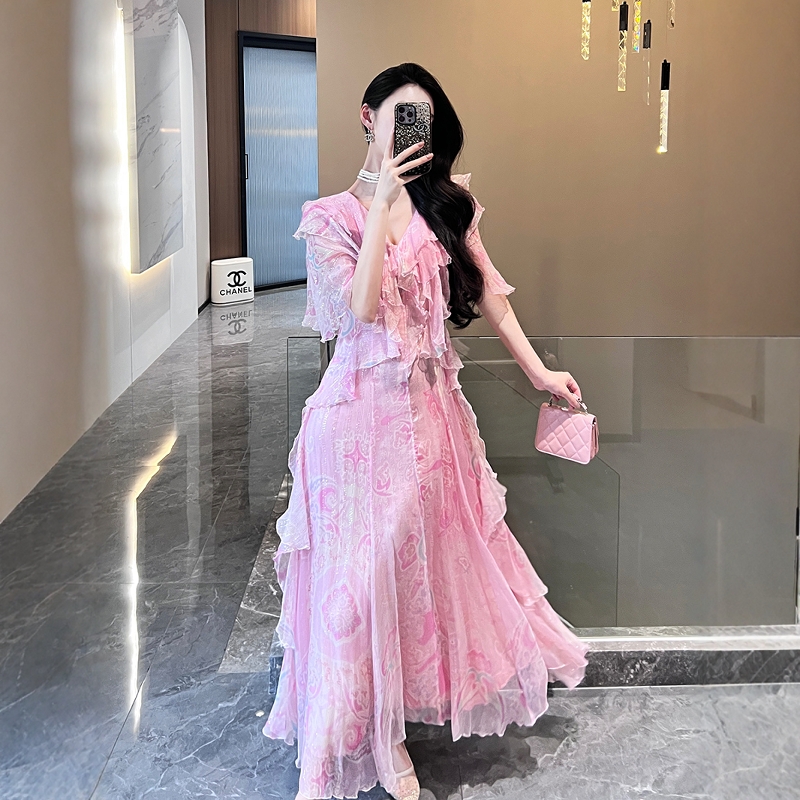 桃花夭夭印花桑蚕丝仙女连衣裙