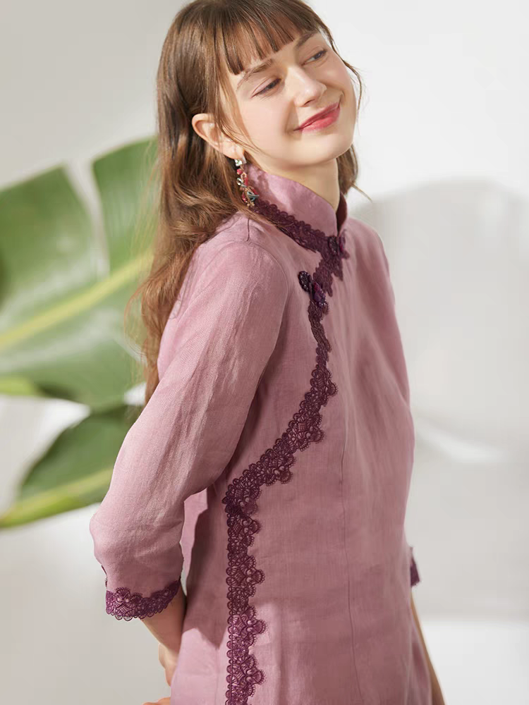 Miccbeirn亚麻中式桃粉旗袍复古典雅撞色蕾丝斜襟盘扣连衣裙