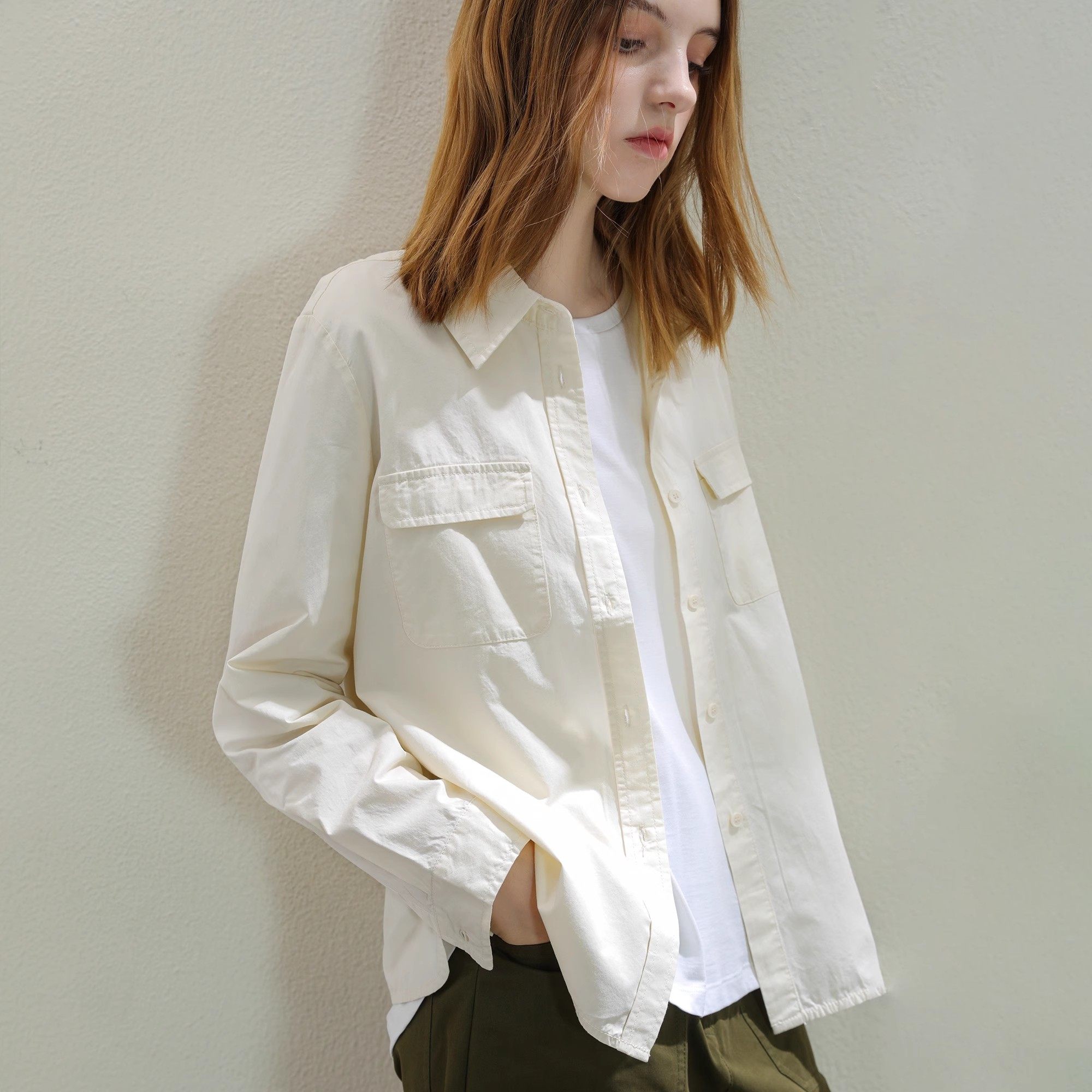 miccbeirn精梳全棉工装外套夹克短款早秋休闲时尚翻领简约上衣女