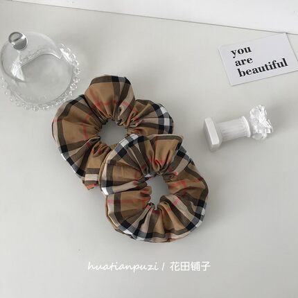 韩系高级格子丸子头大肠发圈轻奢发绳中古vintage老花皮筋头饰花
