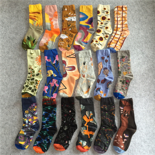 秋冬外穿创意花袜子法国插画趣味个性 男女情侣街头流行长潮袜纯棉