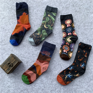 夏天法国趣味个性 插画花袜子男女情侣纯棉运动长筒高帮彩色潮袜子