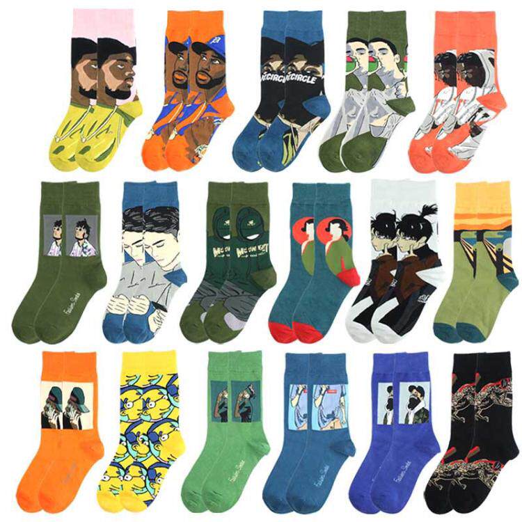 欧美潮袜人物头像卡通油画袜男女街头潮流时尚长袜子纯棉高筒冬厚