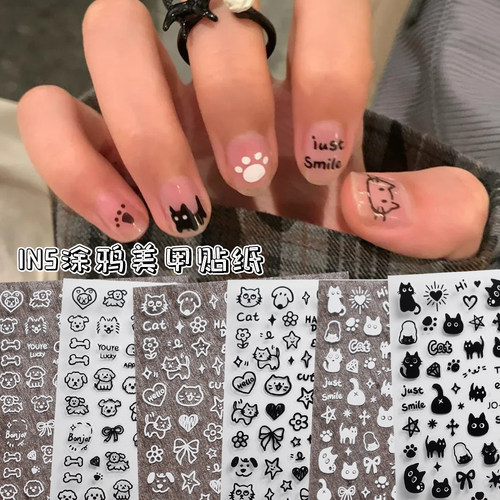 网红黑白涂鸦小猫可爱ins风背胶