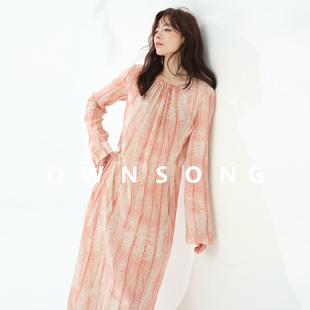 OWNSONG云烟粉 飘逸浪漫柔美度假长裙 真丝桑蚕丝印花连衣裙女秋季