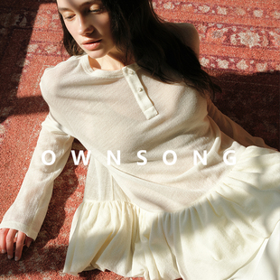 圆领荷叶边减龄打底套头衫 女26春季 1OO%美丽诺羊毛针织衫 OWNSONG