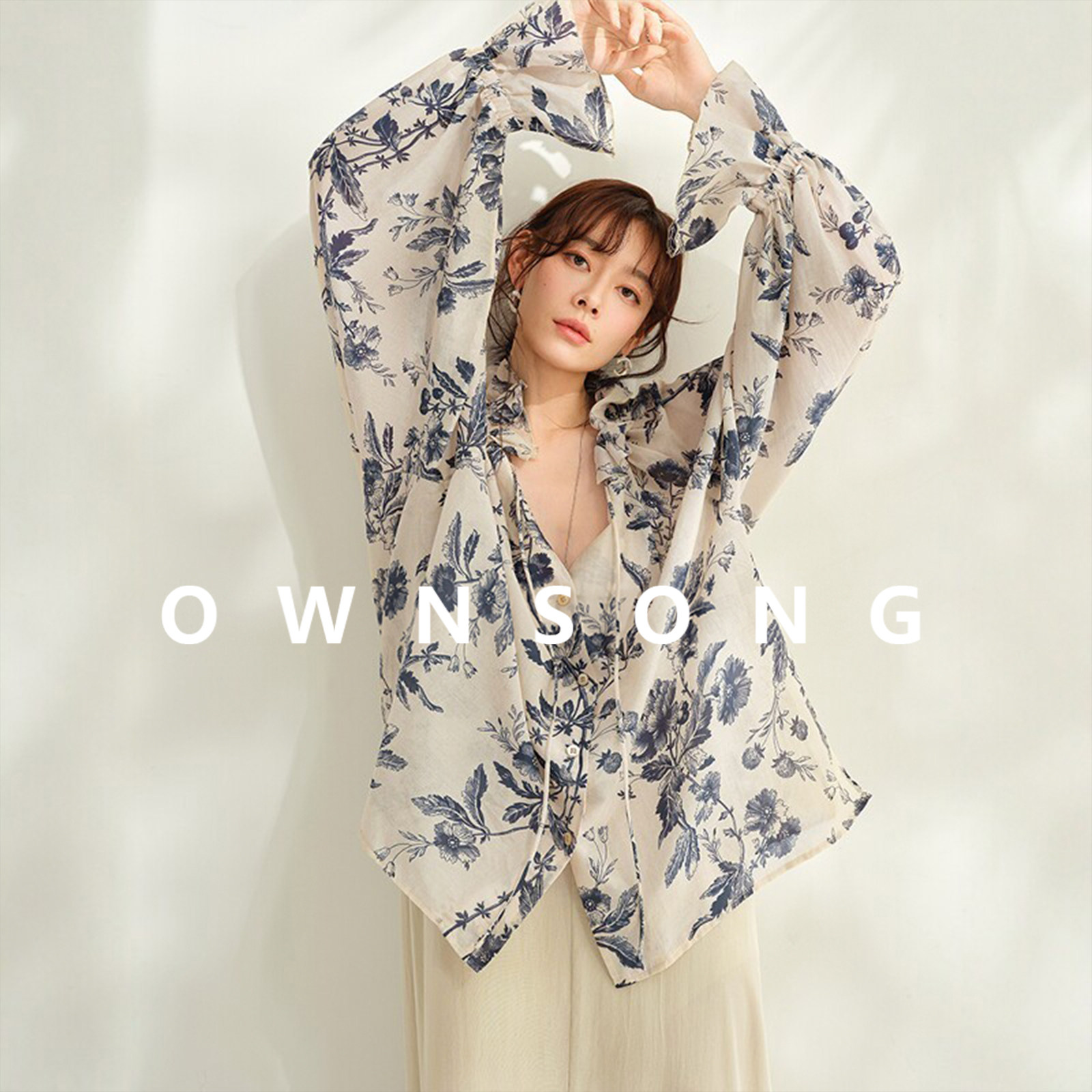 OWNSONG春日画廊 真丝棉浪漫印花A字宽松衬衫设计系带复古防晒衫