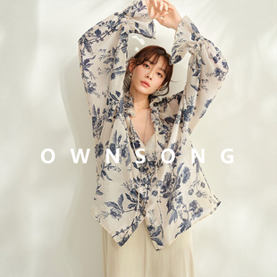设计系带复古防晒衫 OWNSONG春日画廊 真丝棉浪漫印花A字宽松衬衫