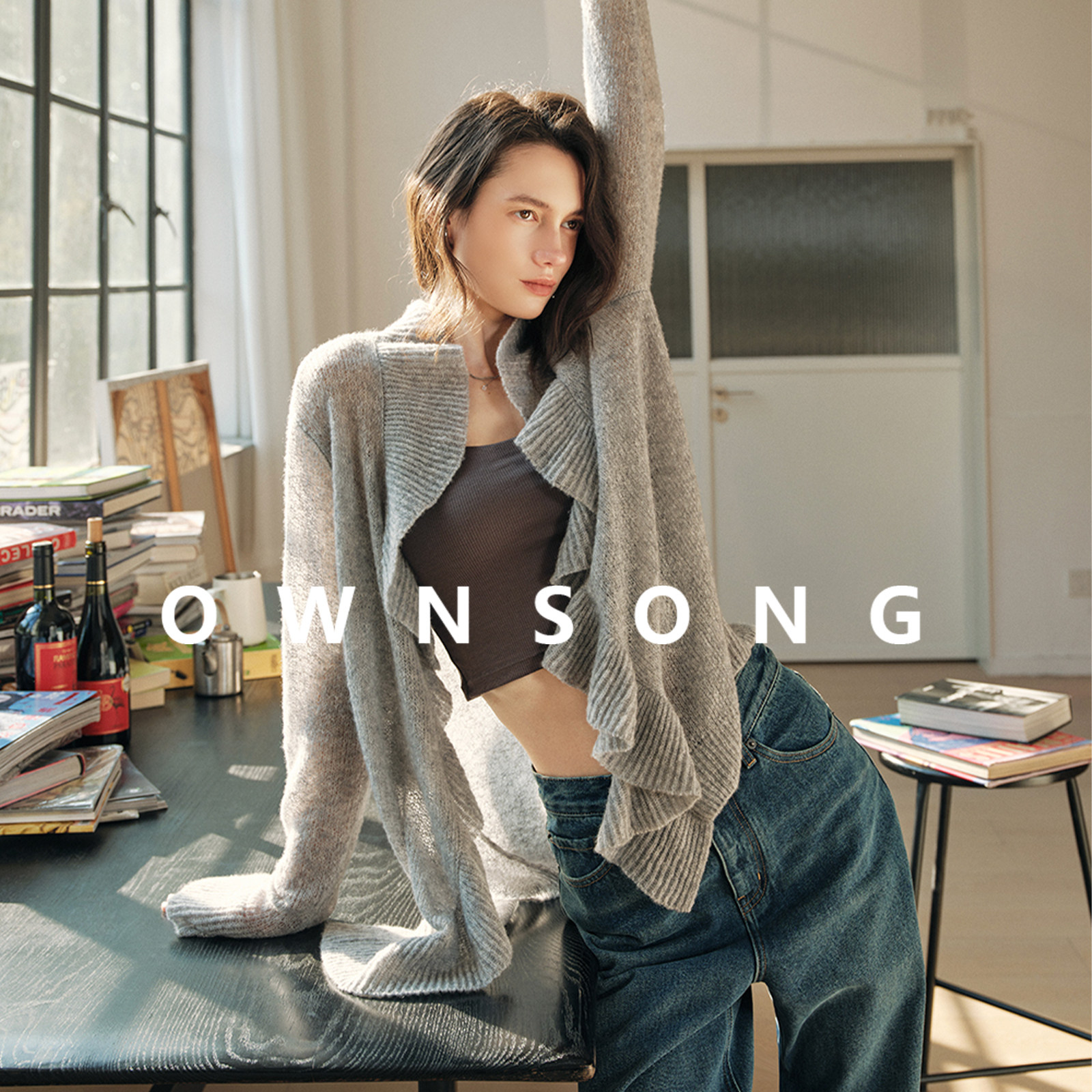 OWNSONG奶油泡芙 浪漫荷叶边设计感上衣女温柔慵懒羊绒针织开衫