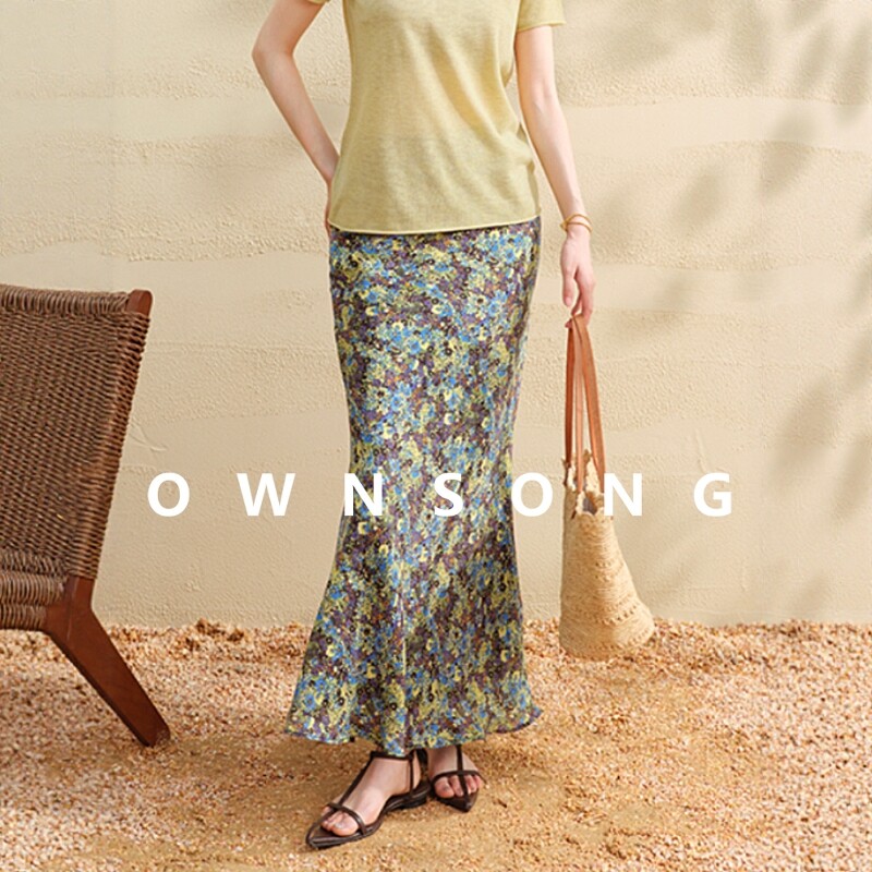 OWNSONG惊艳一夏 亚麻印花半身裙女夏季新款高腰包臀显瘦气质长裙