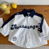 儿童竖条纹衬衣韩版 2026春秋款 翻领上衣撞色领潮男女童长袖 童衬衫